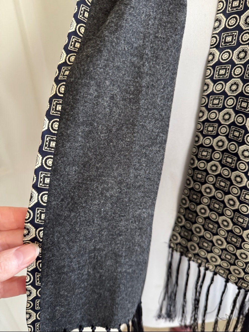 Silk Geometric Black & Cream Scarf with Fringe - Picture 3 of 7